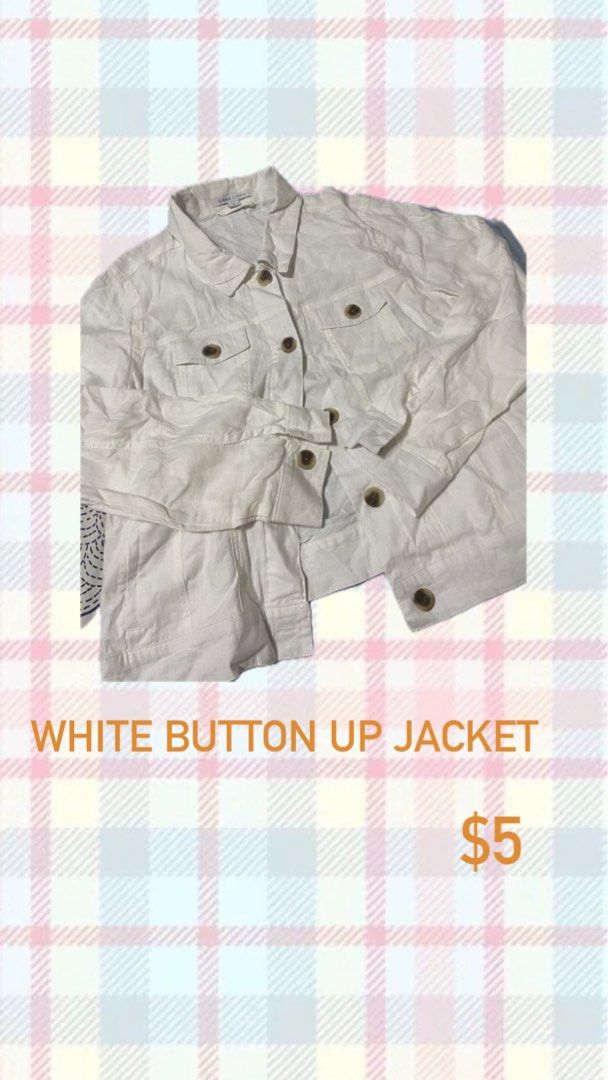 White Button up jacket (Category: Coats, Jackets and Outerwear) located in Singapore. Submitted by mysticcloud.765 (Listing ID 1456579232, Image 1). Description: - White button-up jacket - Size: M (UK 10 / US 6) - Classic button-down front - Features chest pockets - Lightweight and comfortable material.