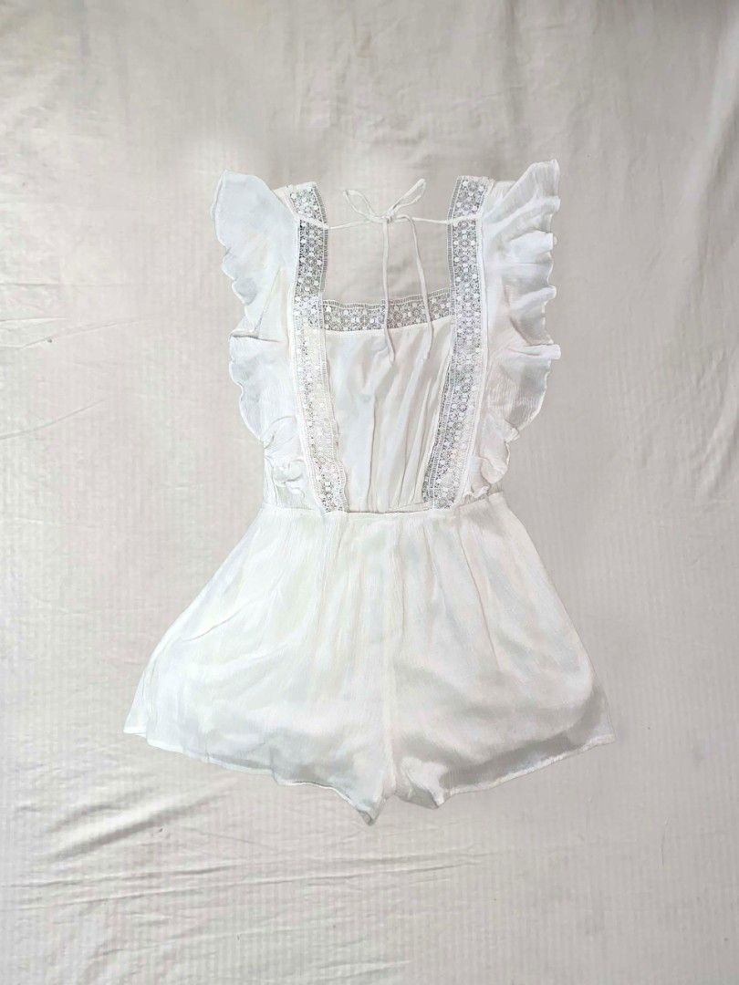 White Lace Trim Ruffle Backless Romper | Coquette| Dainty (Category: Rompers) located in Guiguinto. Submitted by yumixia (Listing ID 1456571937, Image 3). Description: Size: Small - Medium - Backless with upper backtie - Garterized waist - With inner lining short.