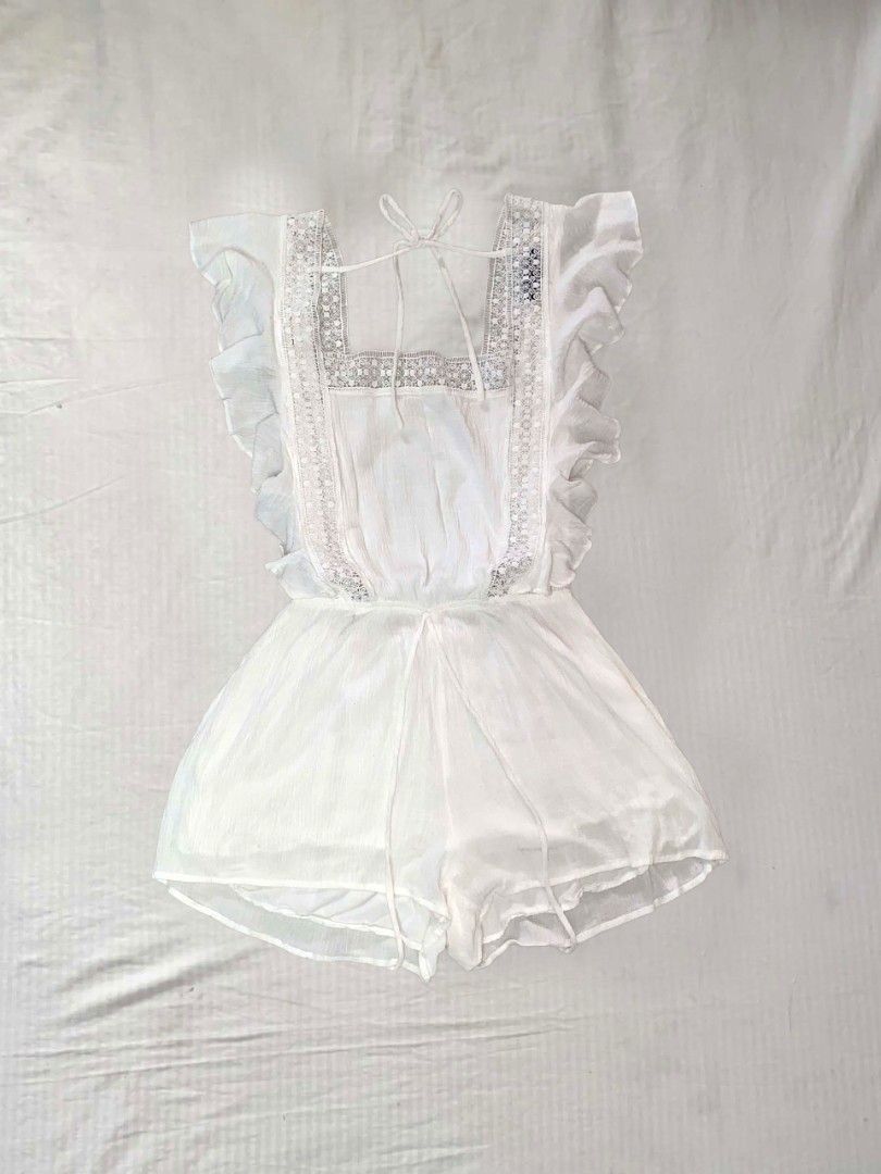 White Lace Trim Ruffle Backless Romper | Coquette| Dainty (Category: Rompers) located in Guiguinto. Submitted by yumixia (Listing ID 1456571937, Image 2). Description: Size: Small - Medium - Backless with upper backtie - Garterized waist - With inner lining short.