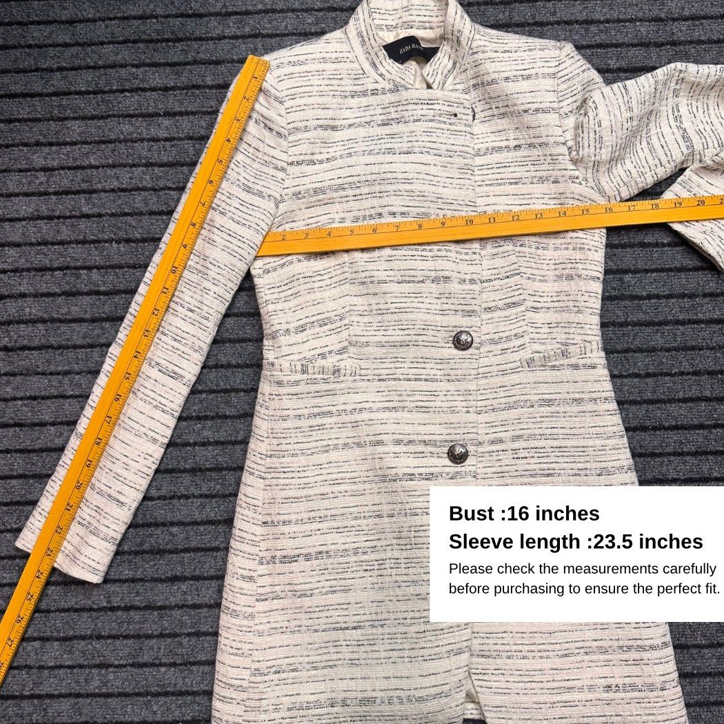 Zara Basic Textured Tweed Long Coat Jacket Size XS/Small (Category: Coats, Jackets and Outerwear) located in Baguio. Submitted by lctrendz (Listing ID 1456489300, Image 3). Description: Zara Basic Textured Tweed Long Coat Jacket Size XS/Small Size and Fit: Small / Slim Fit Fabric: Shell: 75% Cotton, 12% Polyester, 8% Polyamide, 5% Other fibers Lining: Polyester blend Color: Off-white / Cream with black Measurements: Length: 31 inches Bust: 16 inc