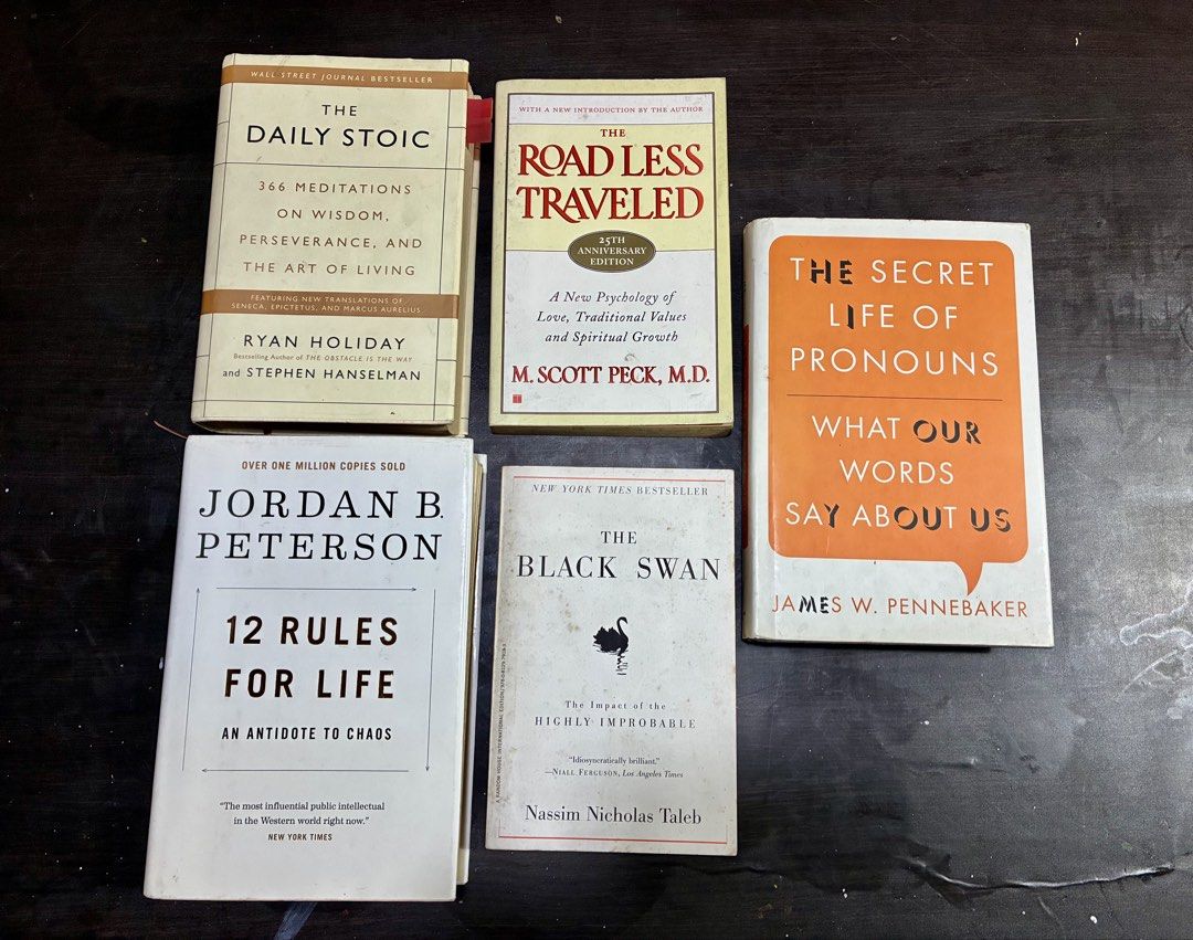 5 Popular Self-Help & Philosophy Books (Category: Storybooks) located in Manila. Submitted by milescoltrane1959 (Listing ID 1453241271, Image 1). Description: - Bundle of 5 popular books - Includes: The Daily Stoic, 12 Rules for Life, The Black Swan, The Secret Life of Pronouns, The Road Less Traveled - Ideal for readers interested in philosophy, psychology, and self-improvement - Great collection for personal growth.