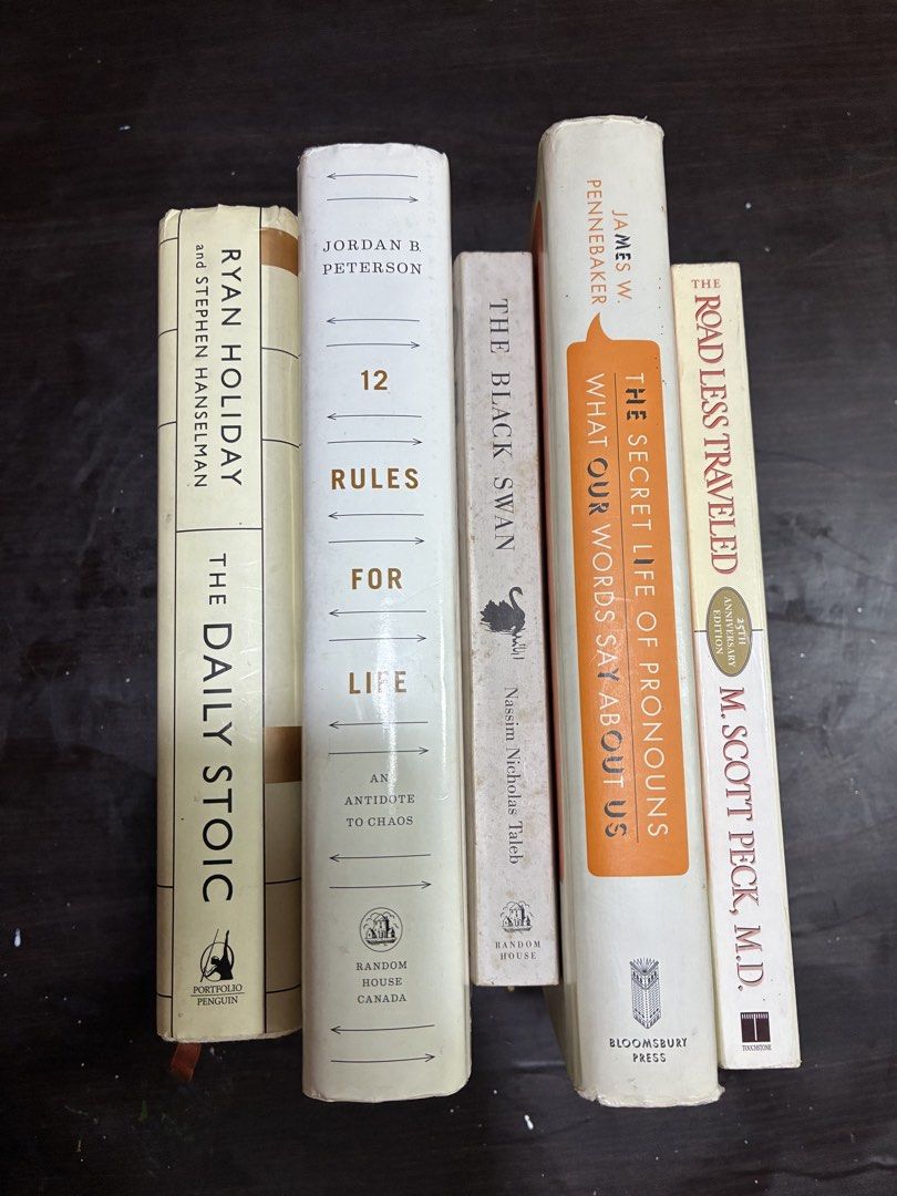 5 Popular Self-Help & Philosophy Books (Category: Storybooks) located in Manila. Submitted by milescoltrane1959 (Listing ID 1453241271, Image 2). Description: - Bundle of 5 popular books - Includes: The Daily Stoic, 12 Rules for Life, The Black Swan, The Secret Life of Pronouns, The Road Less Traveled - Ideal for readers interested in philosophy, psychology, and self-improvement - Great collection for personal growth.