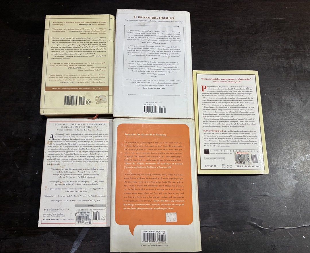 5 Popular Self-Help & Philosophy Books (Category: Storybooks) located in Manila. Submitted by milescoltrane1959 (Listing ID 1453241271, Image 3). Description: - Bundle of 5 popular books - Includes: The Daily Stoic, 12 Rules for Life, The Black Swan, The Secret Life of Pronouns, The Road Less Traveled - Ideal for readers interested in philosophy, psychology, and self-improvement - Great collection for personal growth.