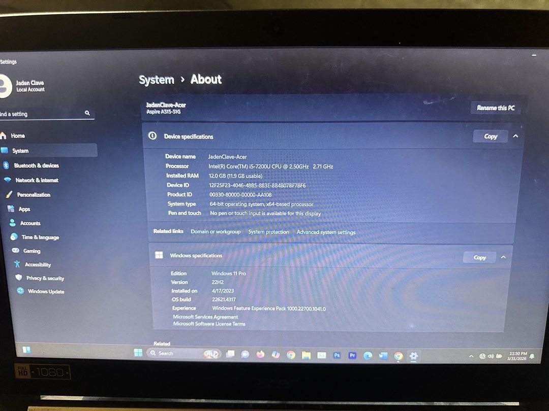Acer Aspire A515-51G (Category: Laptops & Notebooks) located in Manila. Submitted by dein00 (Listing ID 1453417377, Image 2). Description: with issue. (due to nabasa sya pero pinaayos ko after) Pls read carefully. Specs are listed nasa pic naa Issue: - no battery (if gagamitin need nakasaksak like PC) - damaged speaker - damaged wifi port (may wifi pa rin pero binilhan ko ng original dongle) Specs: - I5 - 256 nvme ssd (upgraded) -12gb ung ram (up