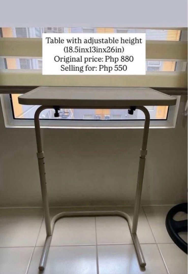 Adjustable Laptop Table (Category: Tables & Sets) located in Davao. Submitted by snapish77 (Listing ID 1425403555, Image 1). Description: Adjustable height / foldable bedside table. Can be used for working. Without glass holder. Loc: Brgy. Rosario, Pasig City Bought for Php 850. Like new..