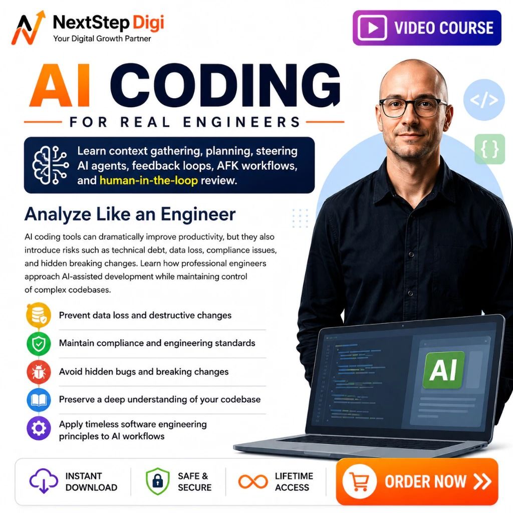 AI Coding for Real Engineers | AI Coding, Claude Code, Prompt Engineering, AI Development Workflow (Category: Others) located in Kuala Lumpur. Submitted by nextstep.digi (Listing ID 1453321393, Image 3). Description: ╔══════════════════════════════════════╗ 🤖 AI CODING FOR REAL ENGINEERS ╚══════════════════════════════════════╝ 🎥 Video Course 📂 48 Lessons ⏱ Duration: 4 Hours 28 Minutes 🌐 Language: English 📥 Instant Download ♾ Lifetime Access