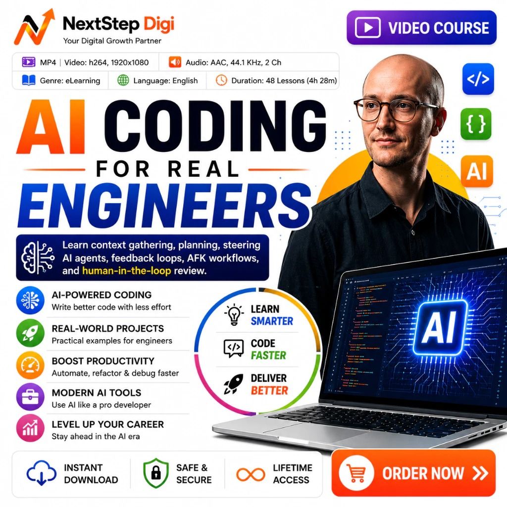 AI Coding for Real Engineers | AI Coding, Claude Code, Prompt Engineering, AI Development Workflow (Category: Others) located in Kuala Lumpur. Submitted by nextstep.digi (Listing ID 1453321393, Image 2). Description: ╔══════════════════════════════════════╗ 🤖 AI CODING FOR REAL ENGINEERS ╚══════════════════════════════════════╝ 🎥 Video Course 📂 48 Lessons ⏱ Duration: 4 Hours 28 Minutes 🌐 Language: English 📥 Instant Download ♾ Lifetime Access