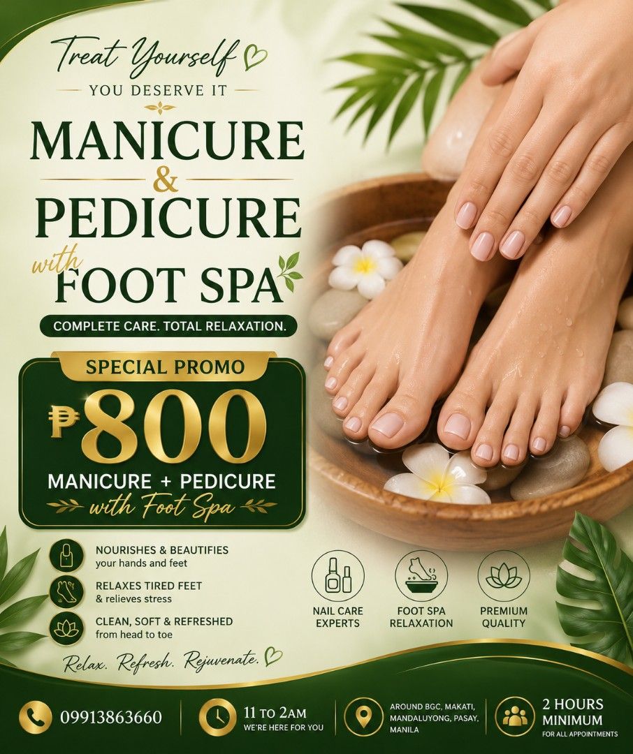 Aley Palm Home Service Massage - Relax, Refresh, Rejuvenate (Category: Massage Devices) located in Manila. Submitted by aley_palm (Listing ID 1453248732, Image 2). Description: - Professional massage and nail care services - Available for home, condo, and hotel bookings - 24-hour service for anytime relaxation - Safe and hygienic practices - Professional and quality therapists and products - Serving Makati, BGC, Taguig, Mandaluyong, San Juan, and
