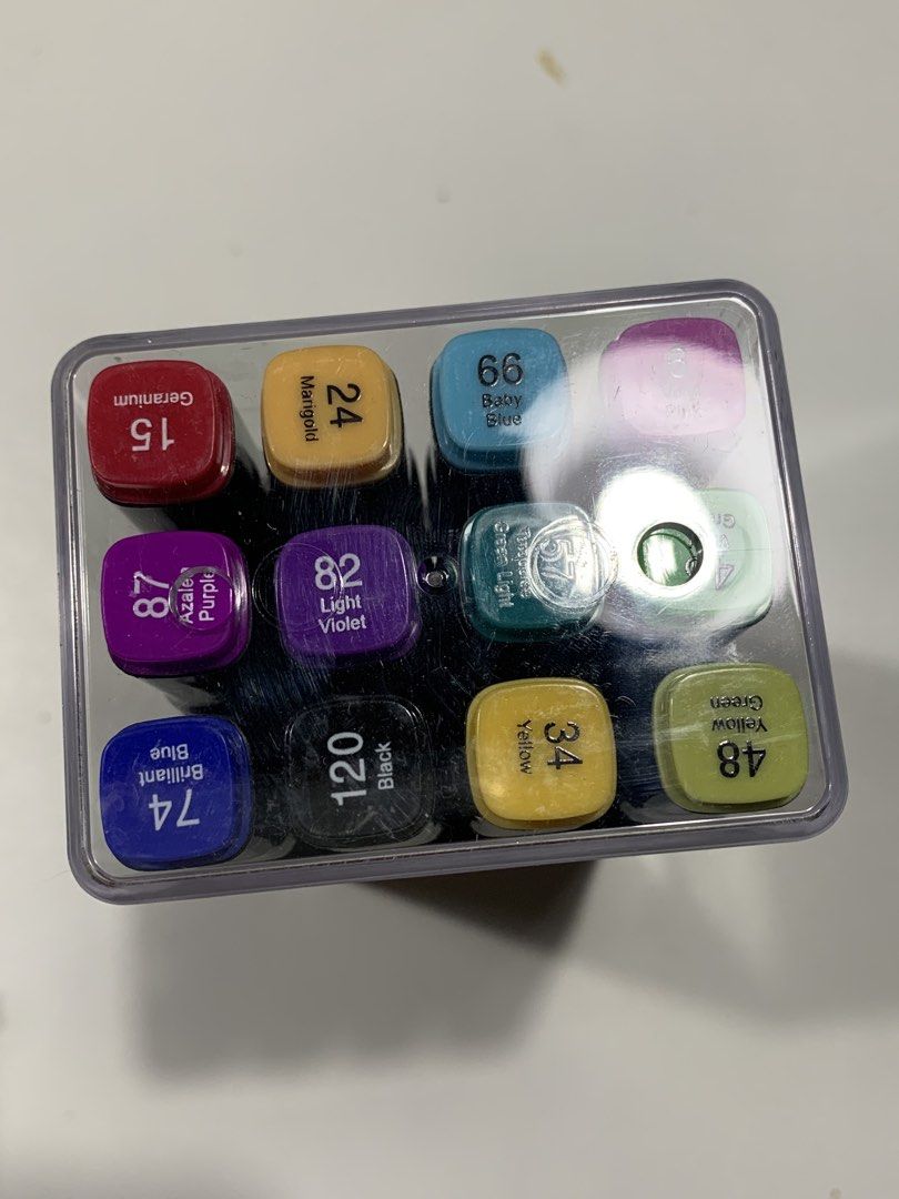 Art Life Markers 12 Colors Fine and Chisel Tip (Category: Craft Supplies & Tools) located in Quezon City. Submitted by makeitkmn (Listing ID 1453409743, Image 2). Description: Set of 12 Art Life markers. Fine and chisel tips. Includes colors like Geranium, Marigold, Baby Blue, Azalea Purple, Light Violet, Brilliant Blue, Black, and Yellow. Great for drawing and sketching. Comes in a clear case..
