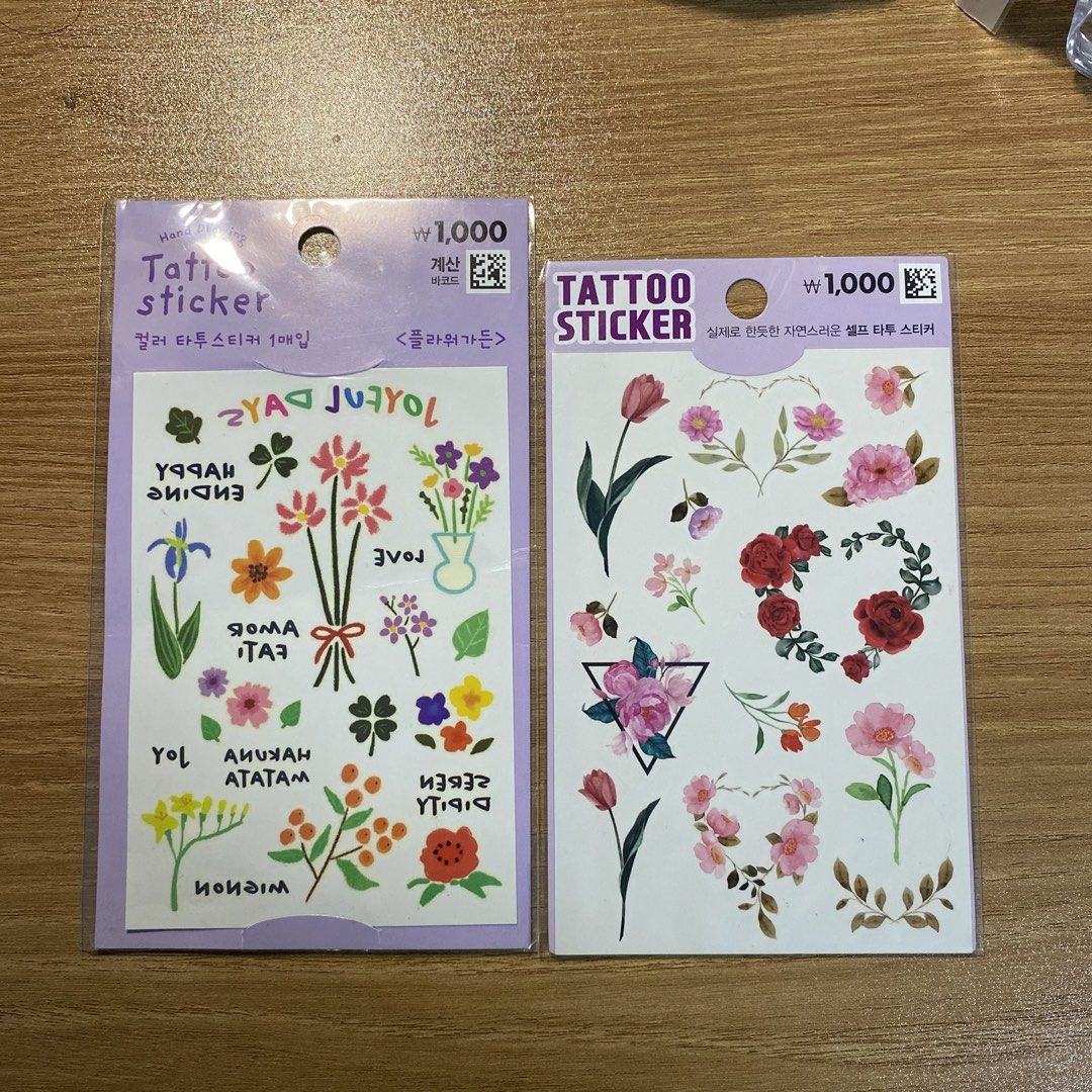 Assorted Temporary Tattoo Stickers - Flowers, Cartoon Characters, & More! (Category: Art & Prints) located in Manila. Submitted by alleyyagap62021 (Listing ID 1453387574, Image 1). Description: - Variety of temporary tattoo sticker packs available. - Designs include floral, cute cartoon characters (Mickey Mouse & friends, Cars, Batman), and animal themes. - Perfect for parties, costumes, or everyday fun. - Features some popular Korean brands. - A