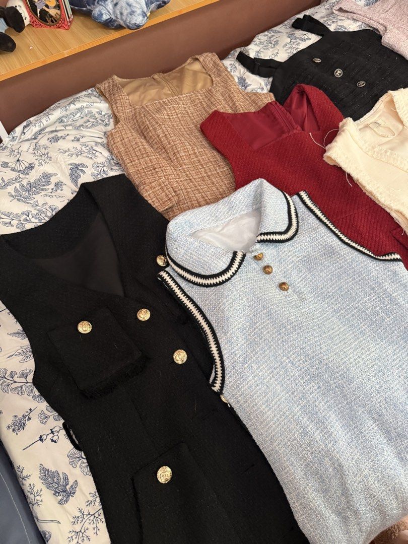Assorted Tweed Dresses and Vests - Various Colors (Category: Dresses) located in Bacoor. Submitted by dormcat (Listing ID 1453245073, Image 2). Description: - Bundle includes 10 tweed dresses and vests. - 350 each, 2500 bundle for 10 pcs! - RFS: i can’t wear tweeds anymore, I can’t tolerate the heat since i’m on SSRIs 😣 - Available colors: black, red, cream, light blue, and pink/purple plaid. - Features include button details and pocket accents.