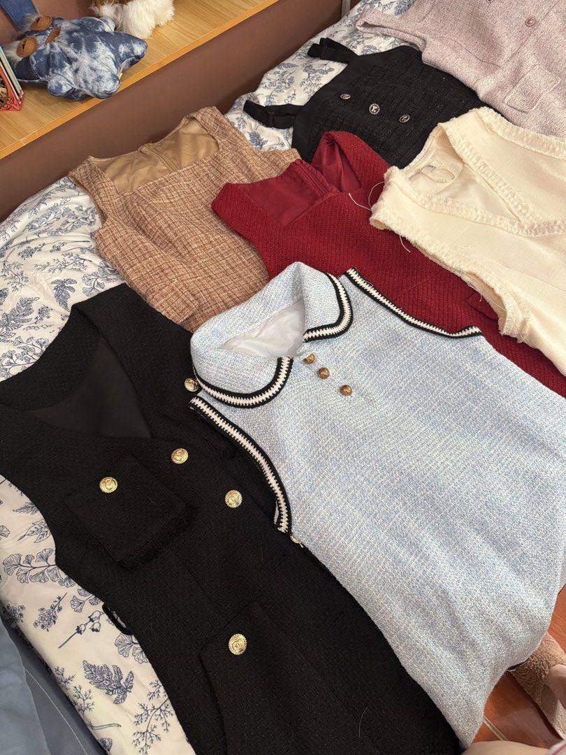 Assorted Tweed Dresses and Vests - Various Colors (Category: Dresses) located in Bacoor. Submitted by dormcat (Listing ID 1453245073, Image 3). Description: - Bundle includes 10 tweed dresses and vests. - 350 each, 2500 bundle for 10 pcs! - RFS: i can’t wear tweeds anymore, I can’t tolerate the heat since i’m on SSRIs 😣 - Available colors: black, red, cream, light blue, and pink/purple plaid. - Features include button details and pocket accents.
