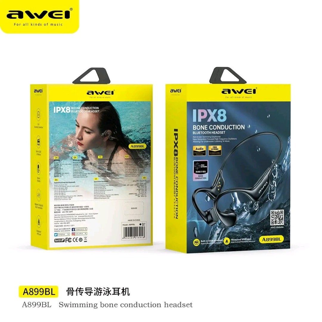 Awei A899BL Bone Conduction Swimming Bluetooth Headset IPX8 Waterproof (Category: Headphones & Headsets) located in Manila. Submitted by marvieobordo (Listing ID 1453416124, Image 1). Description: - IPX8 Waterproof: Perfect for swimming and water sports. - Bone Conduction Technology: Enjoy music without blocking your ears. - Bluetooth V5.4: Stable and fast wireless connection. - 32GB Built-in Memory: Store your favorite music directly on the head
