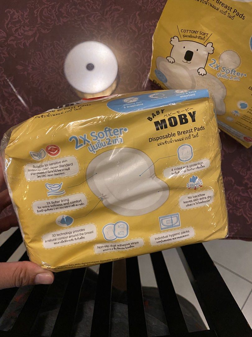 Baby Moby Absorbent Breast Pads (Category: Breastfeeding & Bottle Feeding) located in Pasig City. Submitted by knick_rae (Listing ID 1453302387, Image 2). Description: Absorbent breast pads with adhesive to stick inside of bras or nursing bras. Super soft so does not chafe. 1 sealed pack of 60 pads 1 pack with 23 pads Selling all for 350 Price negotiable.