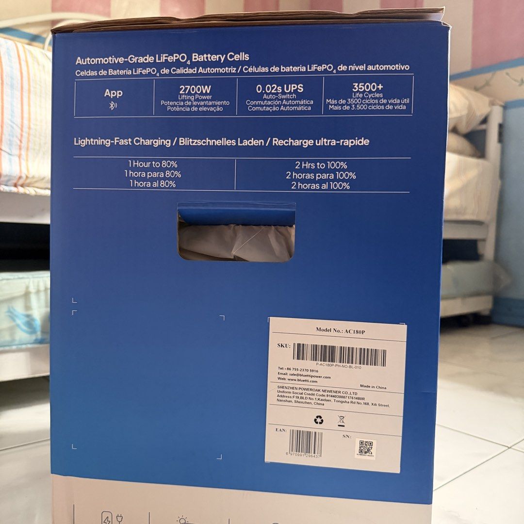 BLUETTI AC180P Portable Power Station (Category: Batteries & Power Banks) located in Quezon City. Submitted by ccsonceloveditems (Listing ID 1453272877, Image 2). Description: Selling my BLUETTI AC180P in excellent condition. Perfect as a reliable backup power source for your home, condo, camping trips, or emergencies. 🔋 Key Features ✅ 1,800W Pure Sine Wave AC Output (up to 2,700W Power Lifting Mode) ✅ 1,440Wh LiFePO₄ Battery – safe, durable, an