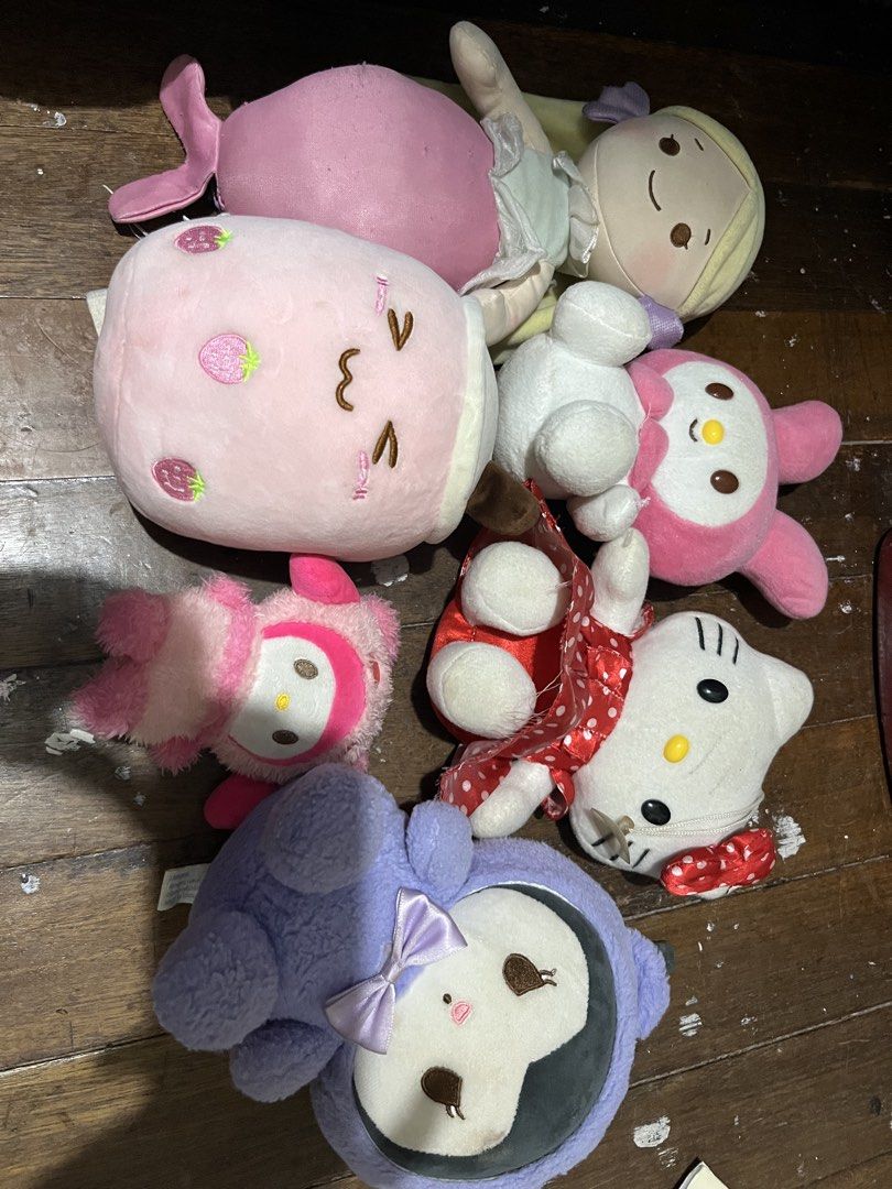 Bundle of Sanrio & Cute Plushies (Category: Plushies & Soft Toys) located in Las Pinas. Submitted by tuasonaria85497 (Listing ID 1453416920, Image 1). Description: - Bundle of adorable plush toys! - Includes: Kitty, My Melody, Strawberry Milk plush, Large Pink Doll, Purple Penguin character. - Great for collectors or as gifts. - Some plush toys have original tags, others do not. - Selling as a complete bundle..