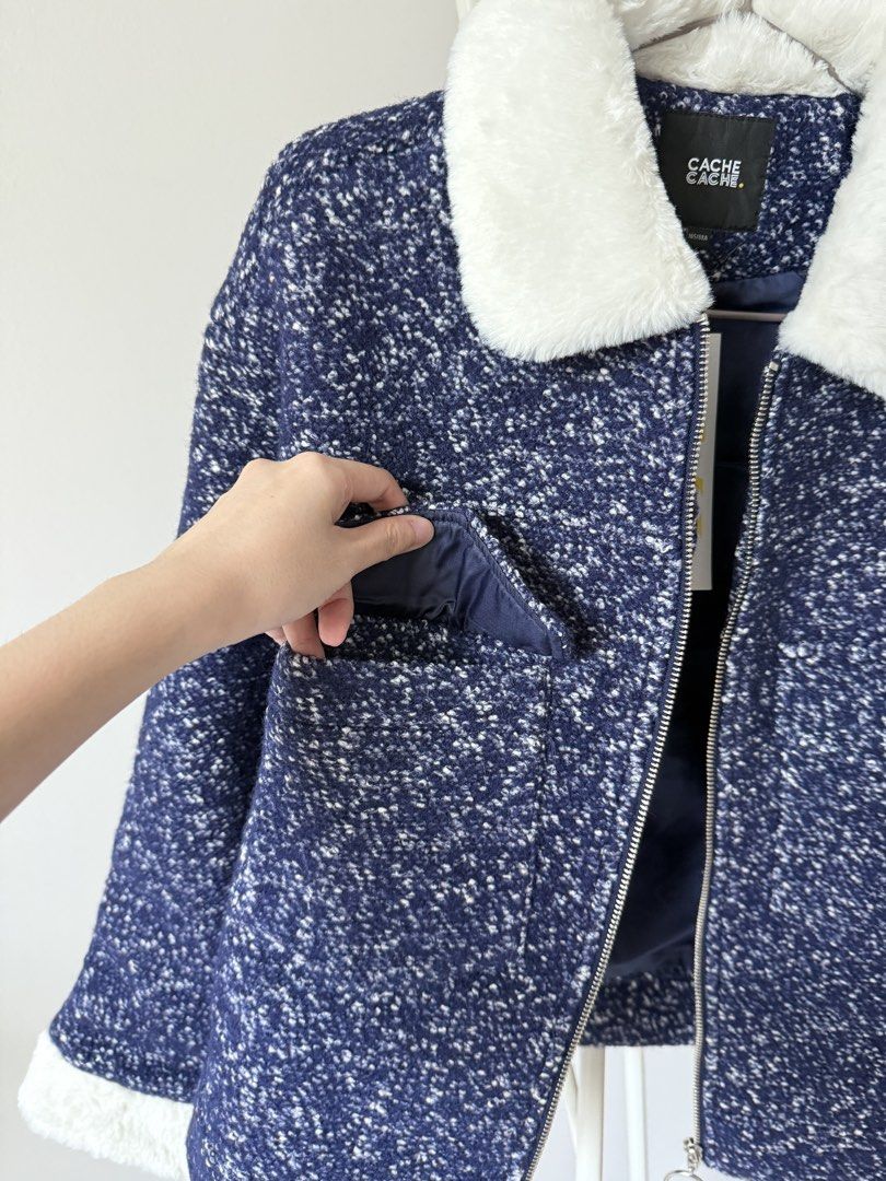 Cache Cache Jacket (Category: Coats, Jackets and Outerwear) located in Bayan Lepas. Submitted by elynncloset (Listing ID 1453246747, Image 3). Description: Brand new with tag Tagged size M but fits S better Suitable for autumn Laid flat measurement Chest: 49cm Length: 56cm.