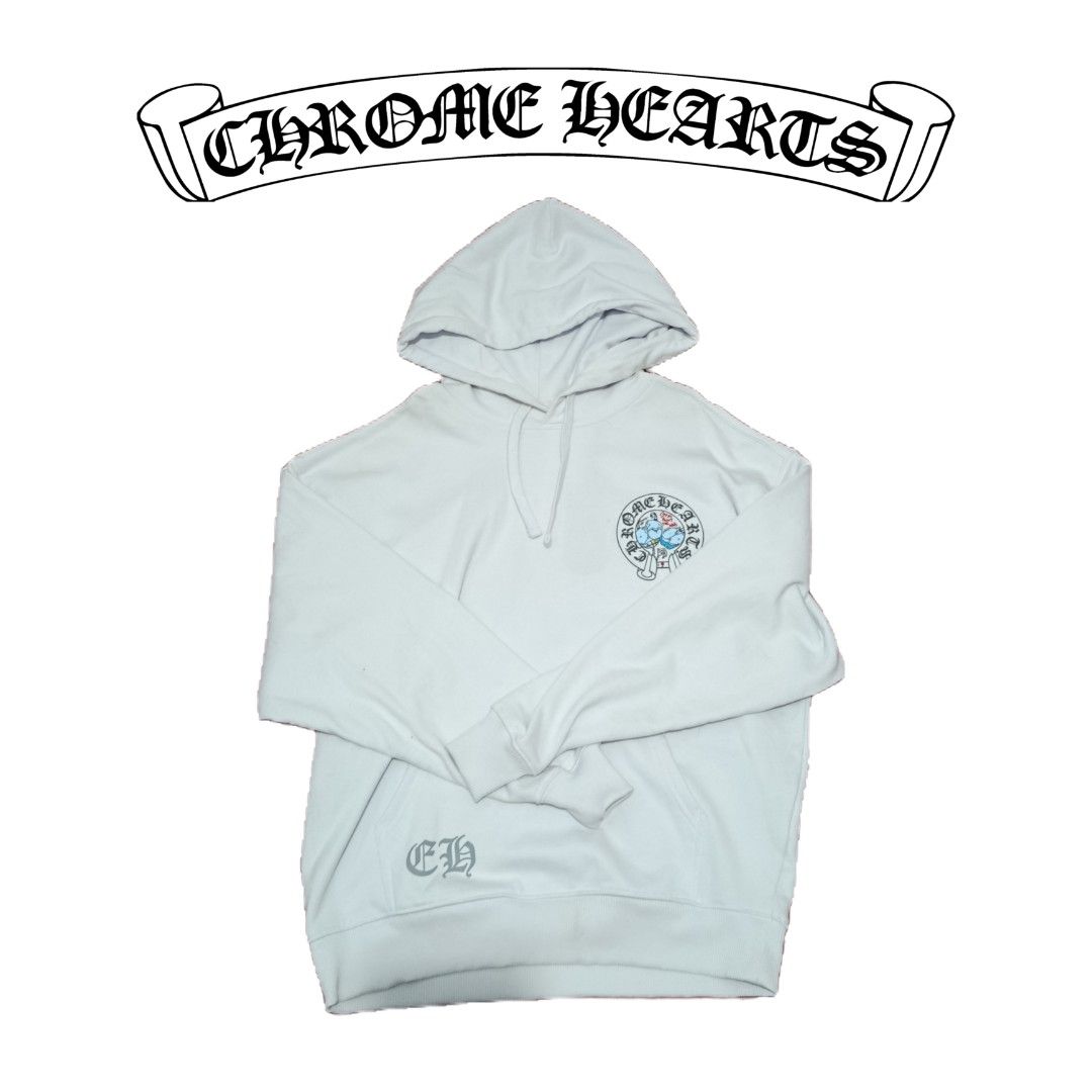 CHROME HEARTS HOODIE (WHITE) (Category: Coats, Jackets and Outerwear) located in Manila. Submitted by __r.sh00 (Listing ID 1453315898, Image 1). Description: Chrome Hearts Hoodie (White) - XS on tag but can fit up to L (since it's loose/baggy type) - unisex - NOT ORIGINAL!!! just guaranteed high qual dupe - never been used (impulsive buy) - bought for the same price - 9.5/10 condition due to minimal discolorations (check pics) MOP: gcash, secuban