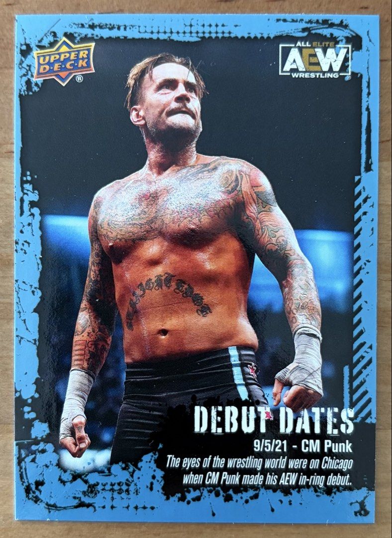 CM Punk | AEW Cards ~ Upper Deck '22 [Debut Dates] (Category: Raw Singles) located in Makati City. Submitted by cardlab (Listing ID 1453254617, Image 1). Description: Items are 💯 authentic/original/legit. About The Card: • 2022 Upper Deck • Card No. DD-8 • Debut Dates FOR: • Cards ₱99 and below with Card Sleeves • Cards ₱100 and up with Used Toploader • ₱10 for Bnew Tops Packaging (If Shipping): ✔️ Plastic cover ✔️ Cardboard ✔️ Bubble wrap NOTE: