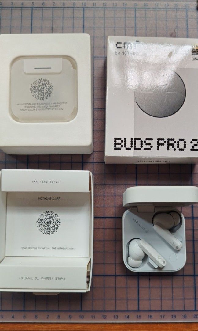 CMF by Nothing Buds Pro 2 (Case and right earbud working) (Category: Earphones) located in Cainta. Submitted by chiapavez (Listing ID 1453262299, Image 2). Description: Defect: Left earbud not charging or connecting. - CMF by Nothing Buds Pro 2 (Grey). Bought brand new here, June 2026. - Includes box, cable wire, extra eartips - with signs of use/ mild staining on case (see pictures).