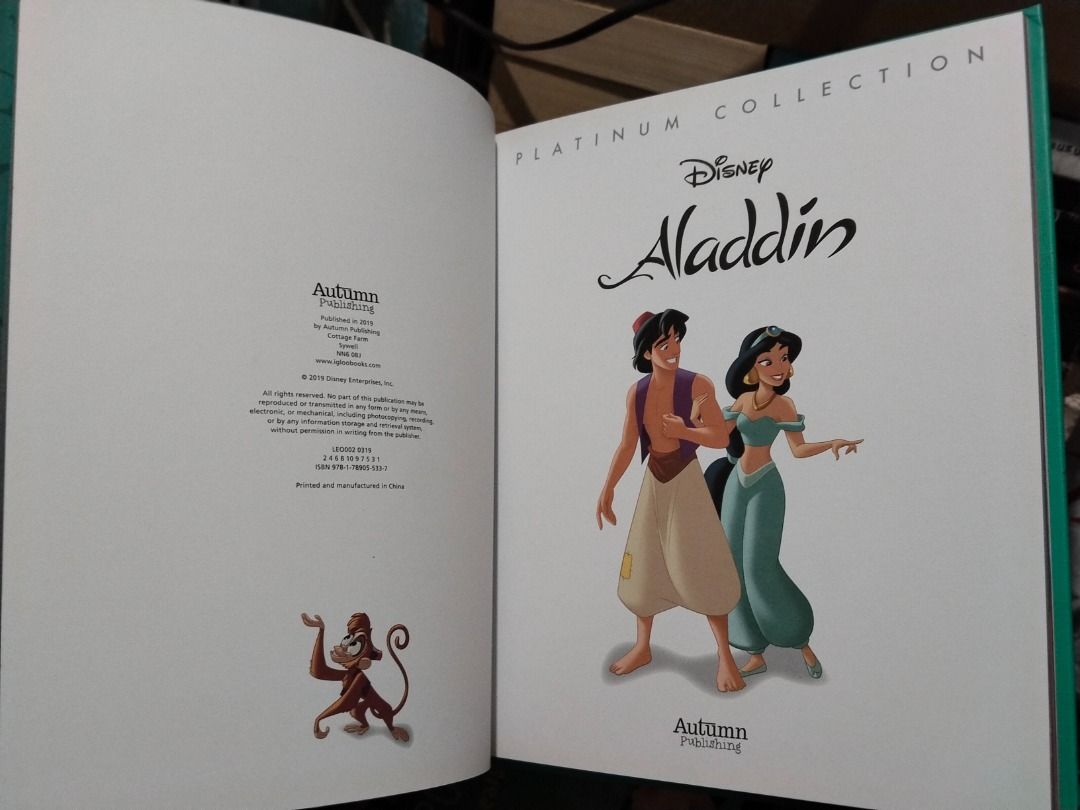 Disney Aladdin Platinum Collection (Category: Storybooks) located in Taguig. Submitted by jener.498 (Listing ID 1453282466, Image 2). Description: - Disney Aladdin Platinum Collection book - Features beautiful illustrations - Retells the classic Aladdin story - Ideal for Disney fans and collectors - A wonderful addition to any bookshelf.