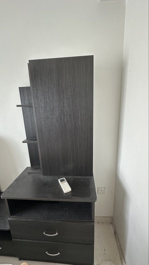 Dressing table (Category: Shelves, Cabinets & Racks) located in Singapore. Submitted by lootsforsale_ (Listing ID 1453312803, Image 1). Description: - Two bottom drawers - One open shelf above drawers - Top section with vertical panel and two smaller shelves Self collection at Bukit Panjang .