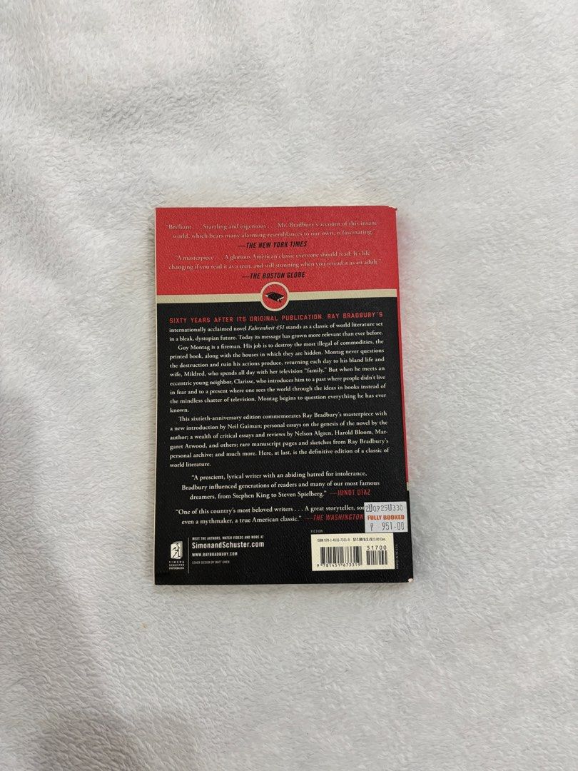 Fahrenheit 451 60th Anniversary Edition by Ray Bradbury (Category: Storybooks) located in Las Pinas. Submitted by dingangbato69 (Listing ID 1453323821, Image 2). Description: RFS: decluttering Limited edition Bought from Fully Booked last year Original copy, can provide receipt if requested.