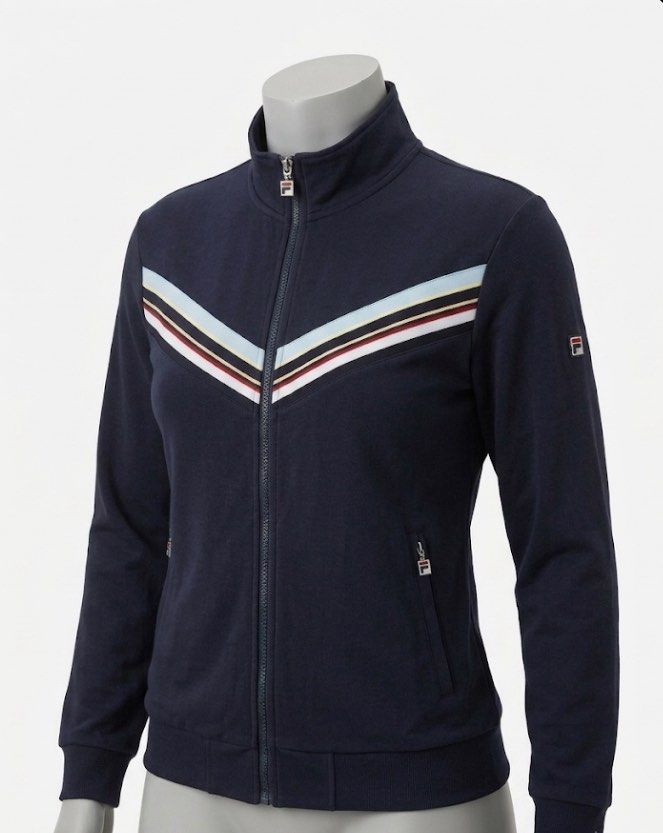 Fila Modern Heritage Navy Track Jacket Size L (Category: Coats, Jackets and Outerwear) located in Manila. Submitted by cdb_22 (Listing ID 1453423585, Image 1). Description: - Navy blue Fila track jacket - Size L - Classic Fila logo on chest and sleeve - White, red, and blue chevron stripe detail across chest - Full zip closure - Includes pockets.