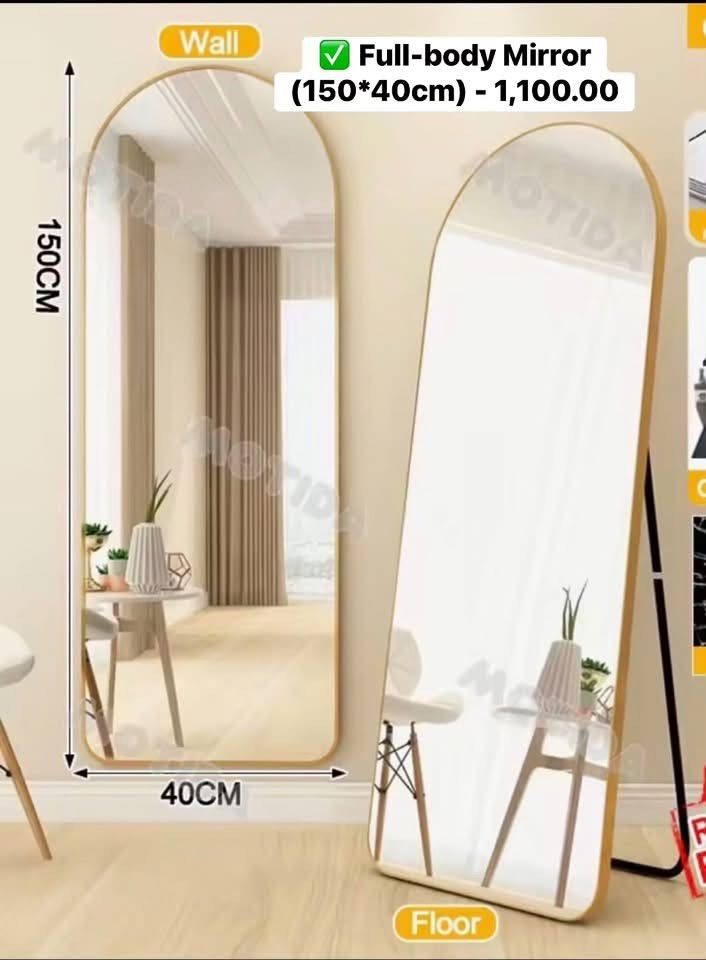 Full-body Arch Mirror (150x40cm) - Gold Frame (Category: Mirrors) located in Quezon City. Submitted by truewhale.5f8ec0 (Listing ID 1453281696, Image 1). Description: - Full-body mirror with a chic gold frame - Arched top design for a touch of elegance - Generous size: 150cm tall x 40cm wide - Versatile: Can be used as a floor mirror or wall-mounted - Ideal for checking your complete outfit before stepping out 🏷️1,100.00 negotiable 📍Sauyo Noval
