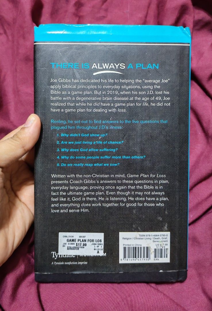 Game Plan for Loss by Joe Gibbs - Dealing with Grief (Category: Storybooks) located in Quezon City. Submitted by dolcegioia (Listing ID 1453381823, Image 3). Description: - 'Game Plan for Loss' by Joe Gibbs - A guide to dealing with grief for the average person - Addresses common questions like 'Why didn't God show up?' and 'Do we really reap what we sow?' - Uses biblical principles to help navigate difficult times - A helpful read for anyone exp