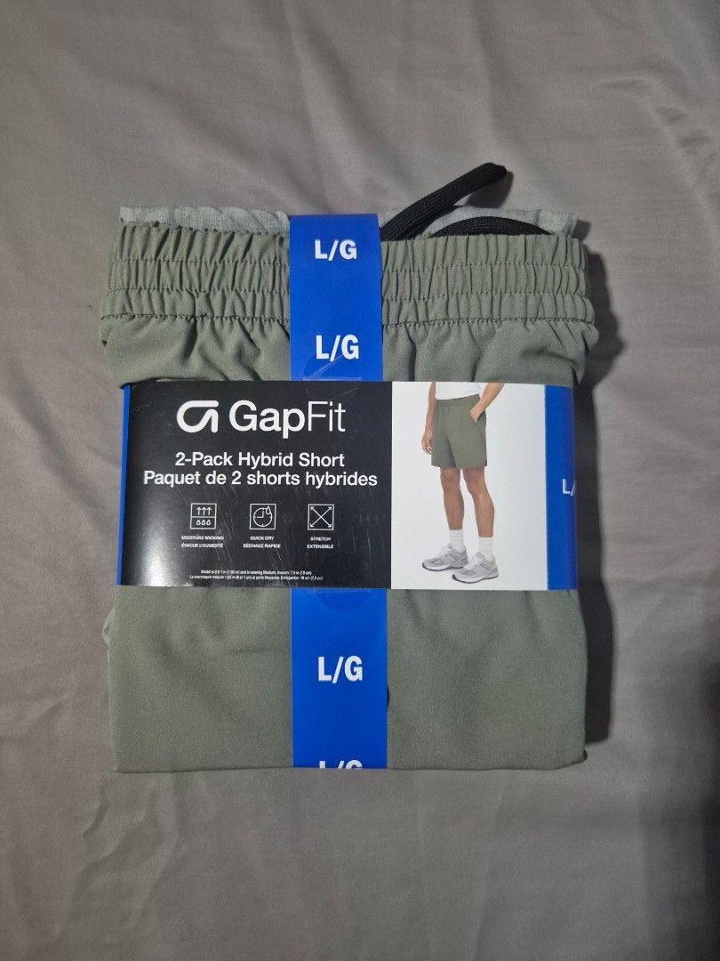 GapFit 2-Pack Hybrid Shorts L/G (Category: Shorts) located in Manila. Submitted by jayveecatu14021 (Listing ID 1453351049, Image 1). Description: - 2-pack GapFit hybrid shorts - Size: Large (L/G) - Colors: Grey and Olive Green - Ideal for workouts and casual wear - Features elastic waistband with drawstring - Made with breathable and stretchy material.