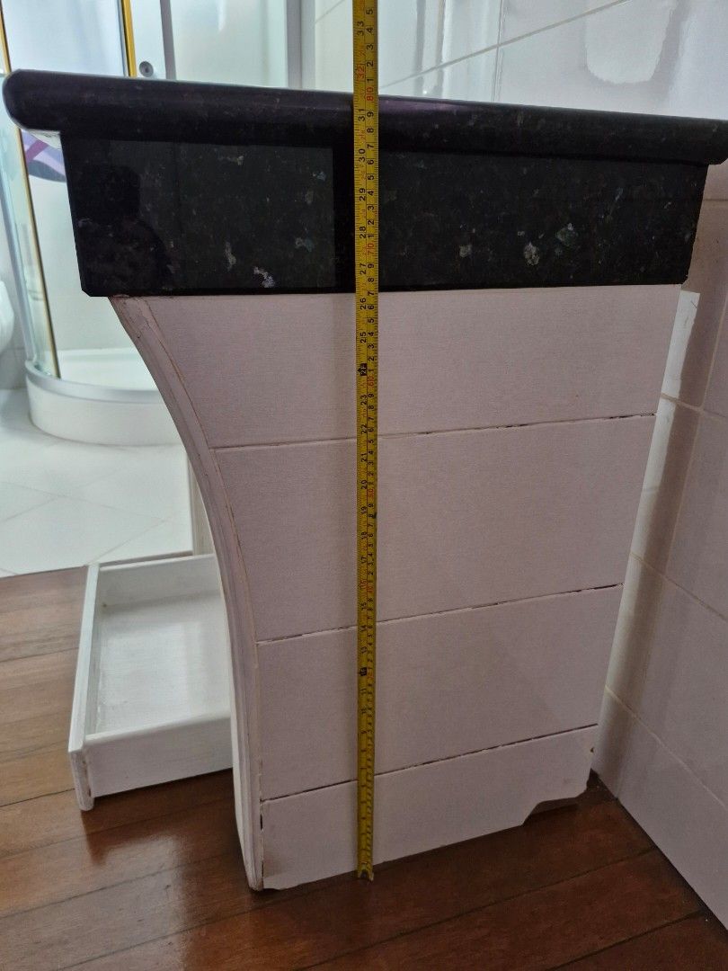 Granite Countertop Shelf with White Base (Category: Shelves, Cabinets & Racks) located in Quezon City. Submitted by jcycle02 (Listing ID 1453331274, Image 3). Description: - black Granite top table with speckled pattern - Convenient small drawer compartment - Ideal for adding style and storage to your kitchen or bathroom Granite 35x22 inches 35.5 height note: drawer not attached, carpenter did not come back to finish his work selling as granite t