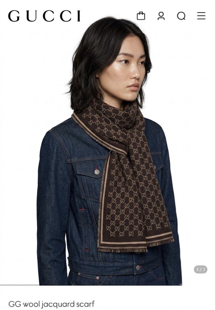 ⚜️Gucci 'GG' - jacquard wool scarf (Category: Luxury Accessories) located in Makati City. Submitted by 90sangel (Listing ID 1453349040, Image 1). Description: •Item: Gucci – GG Dark brown and beige GG wool jacquard with Fringe trim 🤎 •Size: W47cm x L180cm •Condition: Brand New condition, perfect for travellers ~ Scarf and cards only ~ .