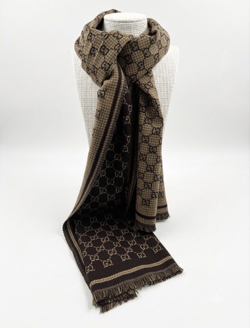 ⚜️Gucci 'GG' - jacquard wool scarf (Category: Luxury Accessories) located in Makati City. Submitted by 90sangel (Listing ID 1453349040, Image 2). Description: •Item: Gucci – GG Dark brown and beige GG wool jacquard with Fringe trim 🤎 •Size: W47cm x L180cm •Condition: Brand New condition, perfect for travellers ~ Scarf and cards only ~ .