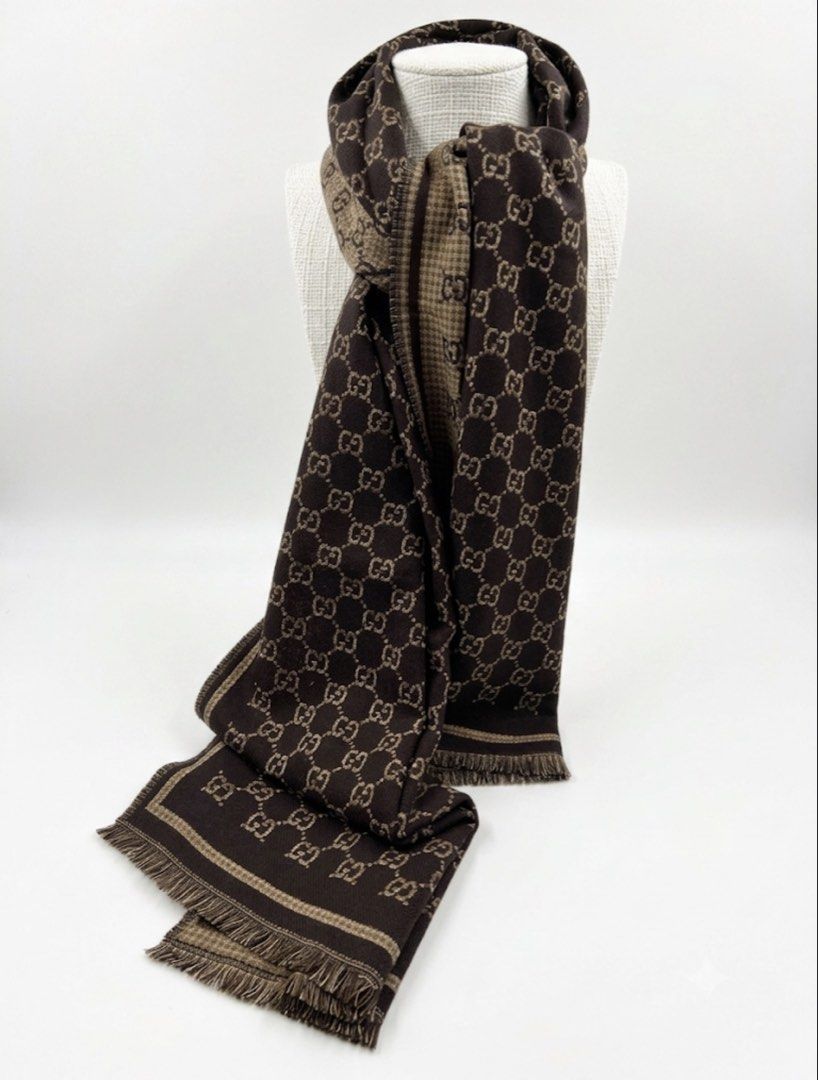 ⚜️Gucci 'GG' - jacquard wool scarf (Category: Luxury Accessories) located in Makati City. Submitted by 90sangel (Listing ID 1453349040, Image 3). Description: •Item: Gucci – GG Dark brown and beige GG wool jacquard with Fringe trim 🤎 •Size: W47cm x L180cm •Condition: Brand New condition, perfect for travellers ~ Scarf and cards only ~ .