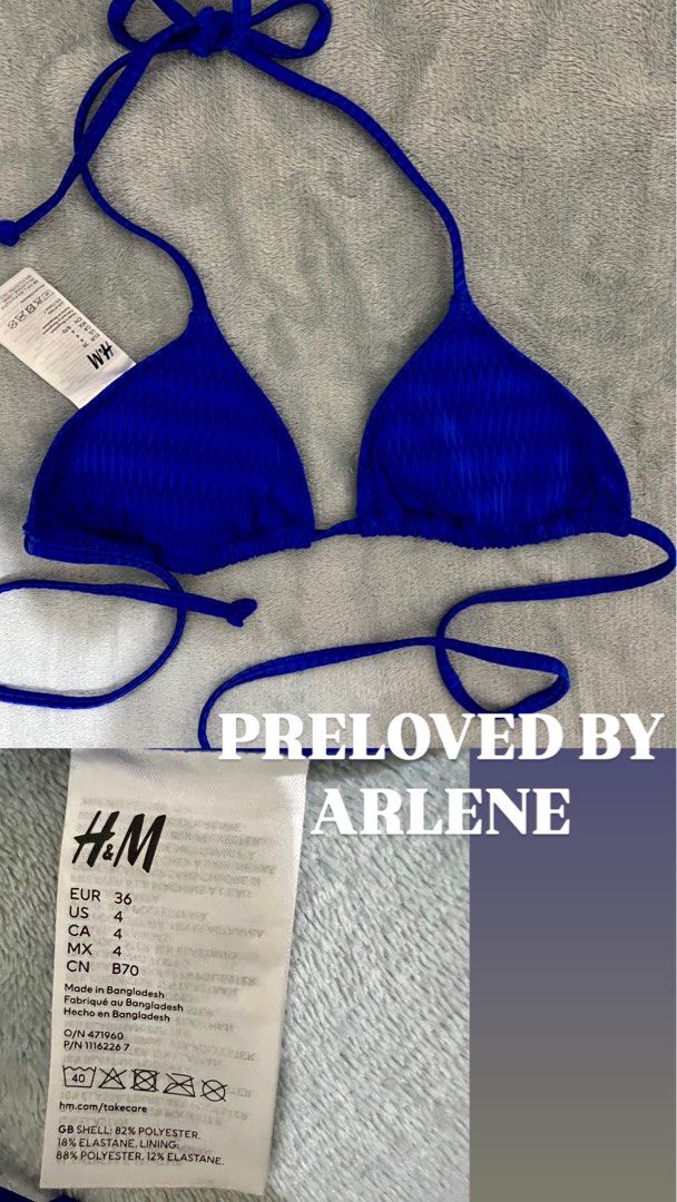H&M Blue Textured Bikini Top Size US 4 (Category: Bikinis & Swimsuits) located in Manila. Submitted by prelovedbyarlene (Listing ID 1453252644, Image 1). Description: 👗Blue H&M bikini top- ₱230 📌Size: EUR 36 📌Condition: Never been used. Excellent condition. 📌RFS: Decluttering. 📌LAST PRICE POSTED. ‼️PAYMENT FIRST/ IF COD THRU LALAMOVE BUYER WILL BOOK THE RIDER. 📍Novaliches Q.C. 💰GCash / Maya 🛵 Same day delivery / Lalamove or Grab SF c/o bu