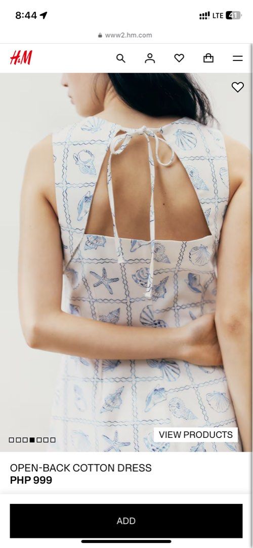 H&M Open-Back Cotton Dress - Seashell Print (Category: Dresses) located in Santa Rosa. Submitted by jstna (Listing ID 1453427245, Image 3). Description: - Cute H&M dress - White with blue seashell print - Sleeveless design - Open back with tie-bow detail - A-line cut - Perfect for summer - Worn once.