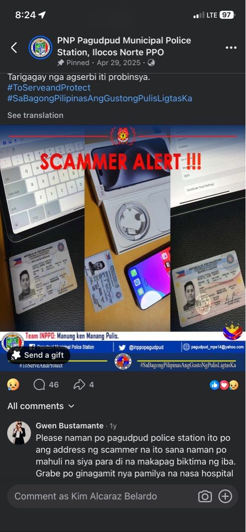 iPhone 16 Plus being sold for 21k SCAMMER ALERT (Category: iPhone 16 Series) located in Cavite. Submitted by kimchibapp (Listing ID 1453236880, Image 2). Description: SCAMMER ALERT !! HELLO EVERYONE PLEASE BE AWARE OF THAT POST BEFORE MESSAGING THAT PERSON NA NAG BEBENTA NG IPHONE 16 PLUS TEAL HE USES HOSPITAL BILLS AS RFS KAPAL NG MUKHA MADAMI SYANG FB AND POSTS SA FB MARKET PLACE RIN PLEASE GO CHECK THE ILOCOS PAGUDPUD PNP POST FOR SOURCE I GOT