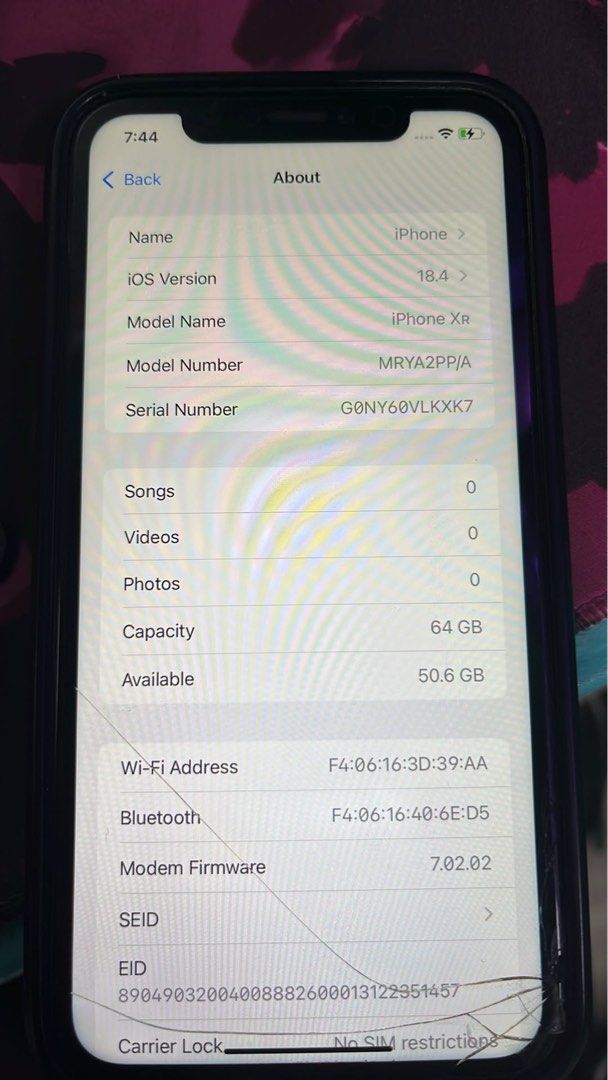 iPhone XR 64gb (Category: iPhone X Series) located in Antipolo. Submitted by kristineflores19 (Listing ID 1453399719, Image 3). Description: All parts original Unli check sa meet up Smartlocked Crack as seen on photo Assistive touch gamit to exit the app and etc. RUSH ONLY.
