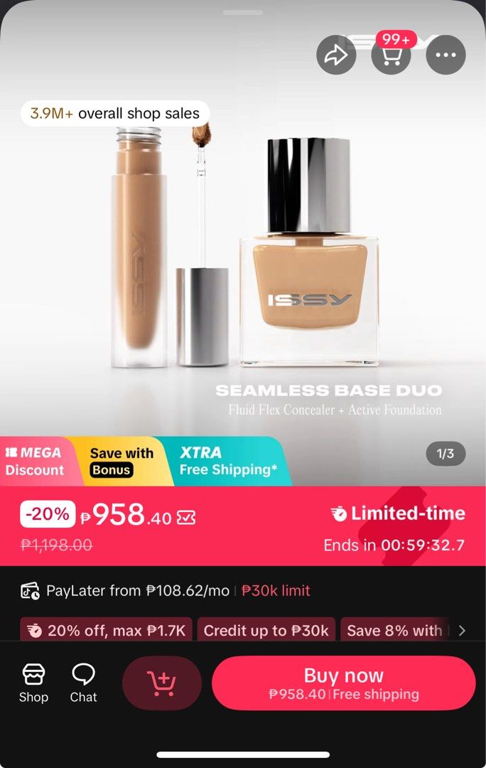 ISSY Seamless Base Duo Fluid Flex Concealer + Active Foundation NF 1.5 (Category: Makeup) located in Manila. Submitted by steff_33 (Listing ID 1453264125, Image 1). Description: - Set includes: Fluid Flex Concealer and Active Foundation. - Swatched only - RFS: Shade is darker than me.