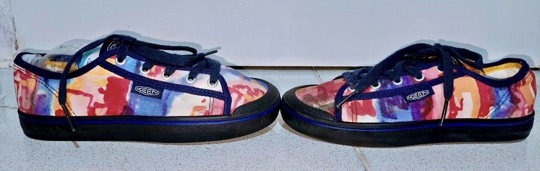 KEEN Garcia Collaboration Canvas Sneakers (Category: Sneakers) located in Manila. Submitted by gensenspar70846 (Listing ID 1453419996, Image 2). Description: - Eye-catching KEEN sneakers with a vibrant abstract print. - Features navy blue laces and trim for a stylish contrast. - Garcia collaboration details visible on the tongue and heel. - Low-top canvas construction for comfort and flexibility. - Durable rubber toe cap and sole for everyday wea