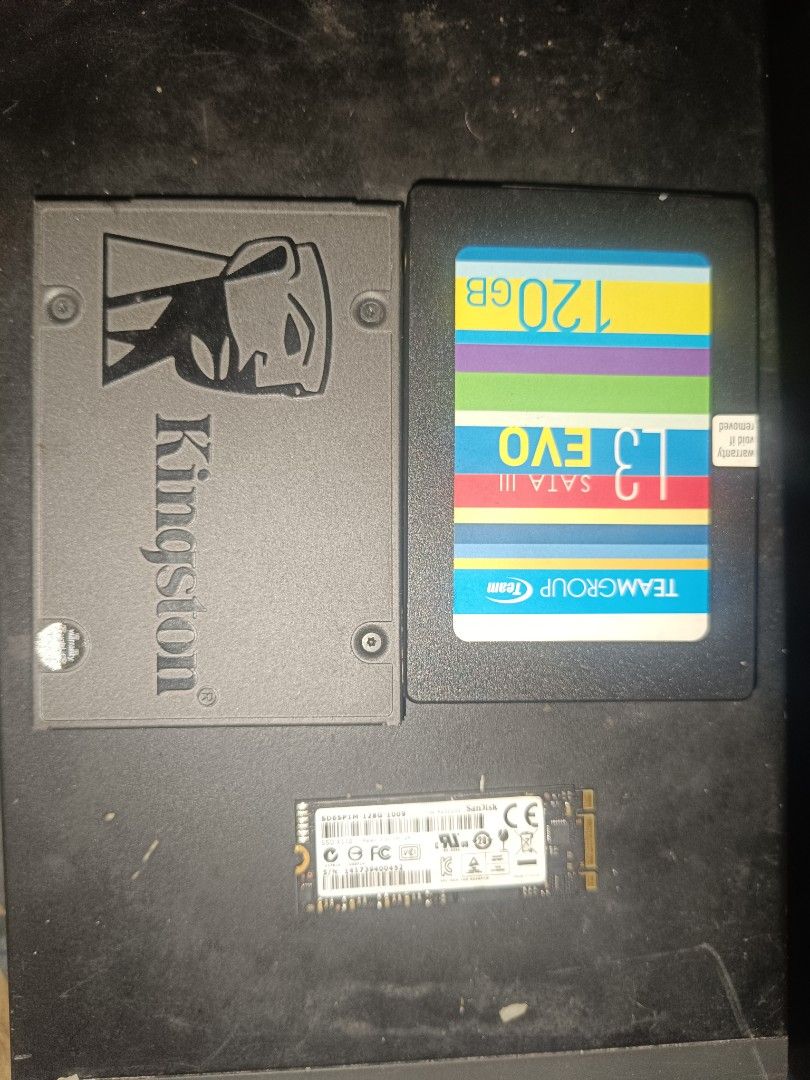 Kingston, Teamgroup, SanDisk SSDs (Category: Computer Parts) located in Manila. Submitted by mysticdolphin.99513a (Listing ID 1453281831, Image 1). Description: - Bundle includes Kingston SSD 240gb, Teamgroup L3 EVO 120GB SATA III SSD, and SanDisk M.2 128gb SSD. - Perfect for upgrading your computer's storage. - Boost your PC or laptop performance with these reliable SSDs. - Feel free to ask any questions!.