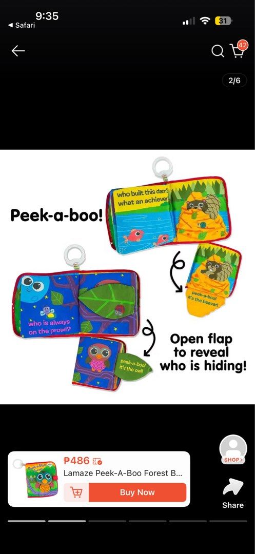 Lamaze Peek-A-Boo Forest Soft Baby Book (Category: Infant Playtime) located in Quezon City. Submitted by rchantong (Listing ID 1453242567, Image 2). Description: - Fun peek-a-boo soft book for babies. - Features crinkle flaps for sensory exploration. - Includes an on-the-go clip for easy attachment. - Helps little ones discover textures and hidden animals. - Perfect for travel or playtime at home..