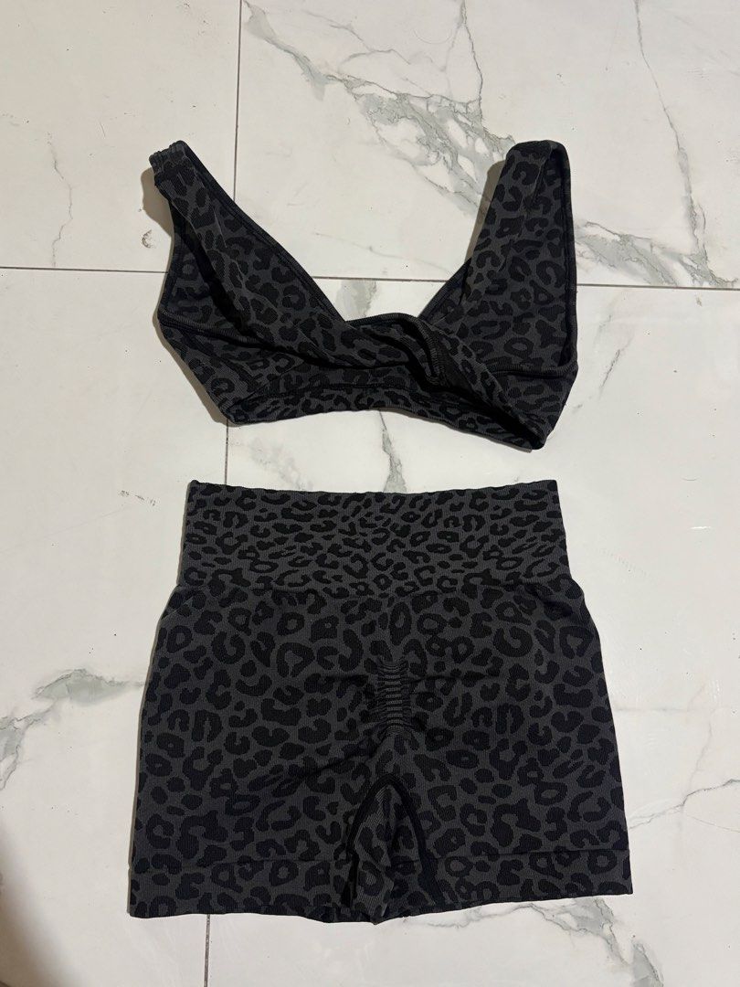 Leopard Print Sports Bra & Shorts Set (Category: Activewear) located in Manila. Submitted by izzmya (Listing ID 1446754856, Image 2). Description: -Can fit xs-s - Features comfortable high-waisted shorts - Ideal for yoga, pilates, and training sessions.