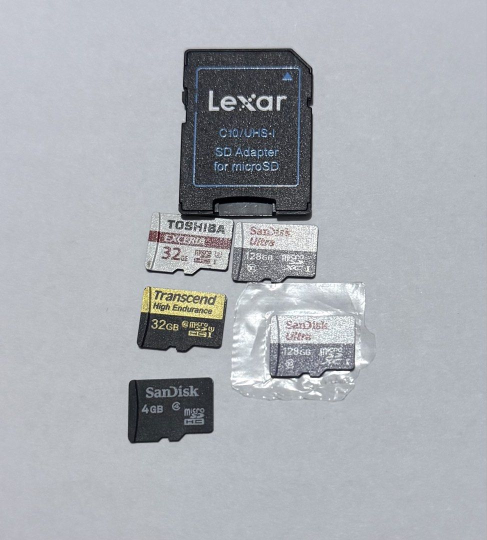 Lexar SD Adapter, Toshiba, SanDisk, Transcend MicroSD Cards (Category: Memory & SD Cards) located in Manila. Submitted by c_cruz (Listing ID 1453412592, Image 2). Description: - Bundle includes multiple memory cards and an SD adapter. - Lexar C10/UHS-I SD adapter for microSD included. - Memory cards included: - Toshiba Exceria 32GB (old) - Transcend High Endurance 32GB (old) - SanDisk Ultra 128GB (x2) (1 brand new and 1 used but brand new) - SanD