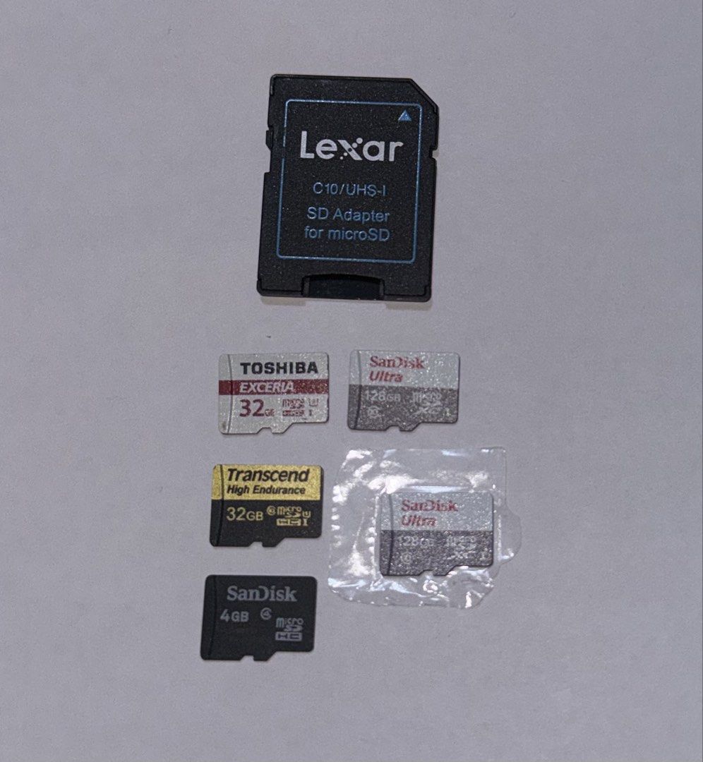 Lexar SD Adapter, Toshiba, SanDisk, Transcend MicroSD Cards (Category: Memory & SD Cards) located in Manila. Submitted by c_cruz (Listing ID 1453412592, Image 1). Description: - Bundle includes multiple memory cards and an SD adapter. - Lexar C10/UHS-I SD adapter for microSD included. - Memory cards included: - Toshiba Exceria 32GB (old) - Transcend High Endurance 32GB (old) - SanDisk Ultra 128GB (x2) (1 brand new and 1 used but brand new) - SanD