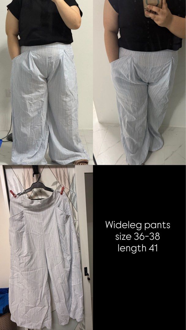 Light Blue Striped Wide Leg Pants Size 36-38 (Category: Other Bottoms) located in Cavite. Submitted by summer.phoenix (Listing ID 1453355678, Image 1). Description: - Light blue wide-leg pants - Subtle stripe pattern - Comfortable fit - Features pockets - Length: 41 inches - Perfect for casual or dressed-up occasions - Easy to style with various tops.