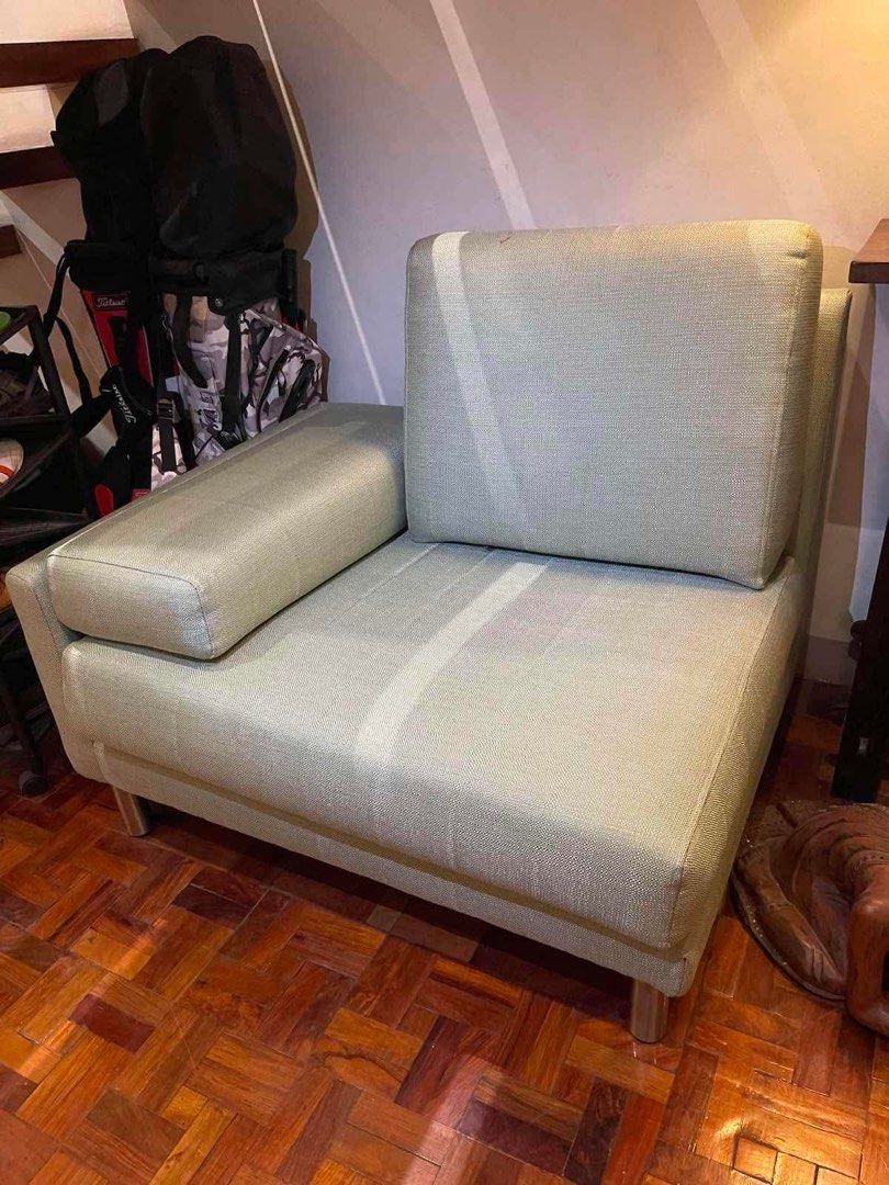 Light Green Sectional Sofa with Chaise (Category: Sofas) located in Makati City. Submitted by sarahgscloset (Listing ID 1453380984, Image 2). Description: - Comfortable light green sectional sofa - Includes two matching throw pillows - Chaise can be positioned on either the left or right side - Ideal for living rooms and apartments - Solid construction with durable metal legs - Ready for its new home 🏠 - Msg for more pictures - Price negotiable.