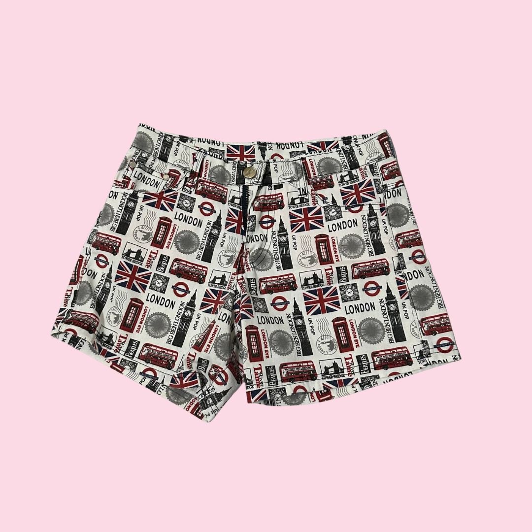 London UK Shorts 24w (Category: Shorts) located in Pasig City. Submitted by polyhedra_ (Listing ID 1453342683, Image 1). Description: - fits size 23 - 24 - White shorts with a fun London print. - Features iconic London imagery: Big Ben, red buses, Union Jack. - Comfortable and stylish for a casual look. - Perfect for summer outings or lounging..