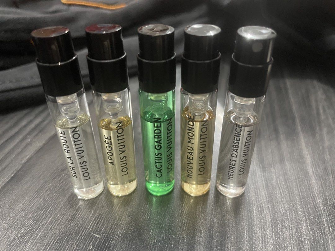 Louis Vuitton Perfume Sample Set 8pcs. For take all (Category: Fragrance & Deodorants) located in Santa Rosa. Submitted by dendelspecialtystore (Listing ID 1453329864, Image 1). Description: - Set of 8 Louis Vuitton perfume samples - Includes: Sur La Route, Apogee, Cactus Garden, Nouveau Monde, Heures D'Absence - Original boxes included for each sample - Ideal for experiencing different LV fragrances - Perfect way to find your signature scent.